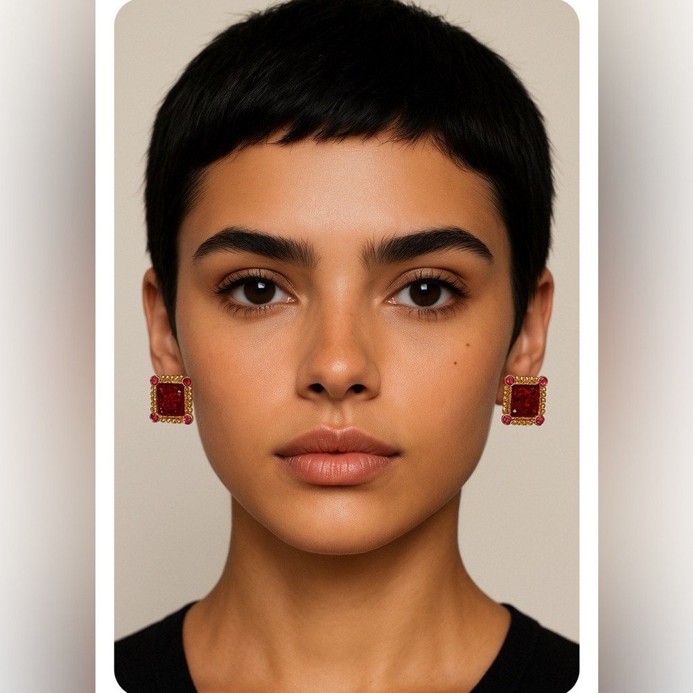 Pink Crystal Gold Square Stud Earrings